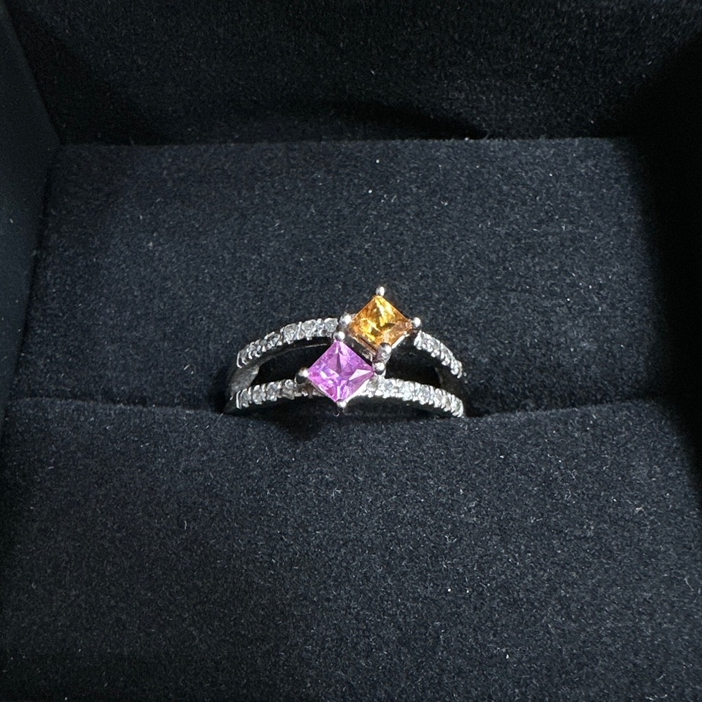 Pink/orange gemstone double-band ring in 14k white gold with diamond accents